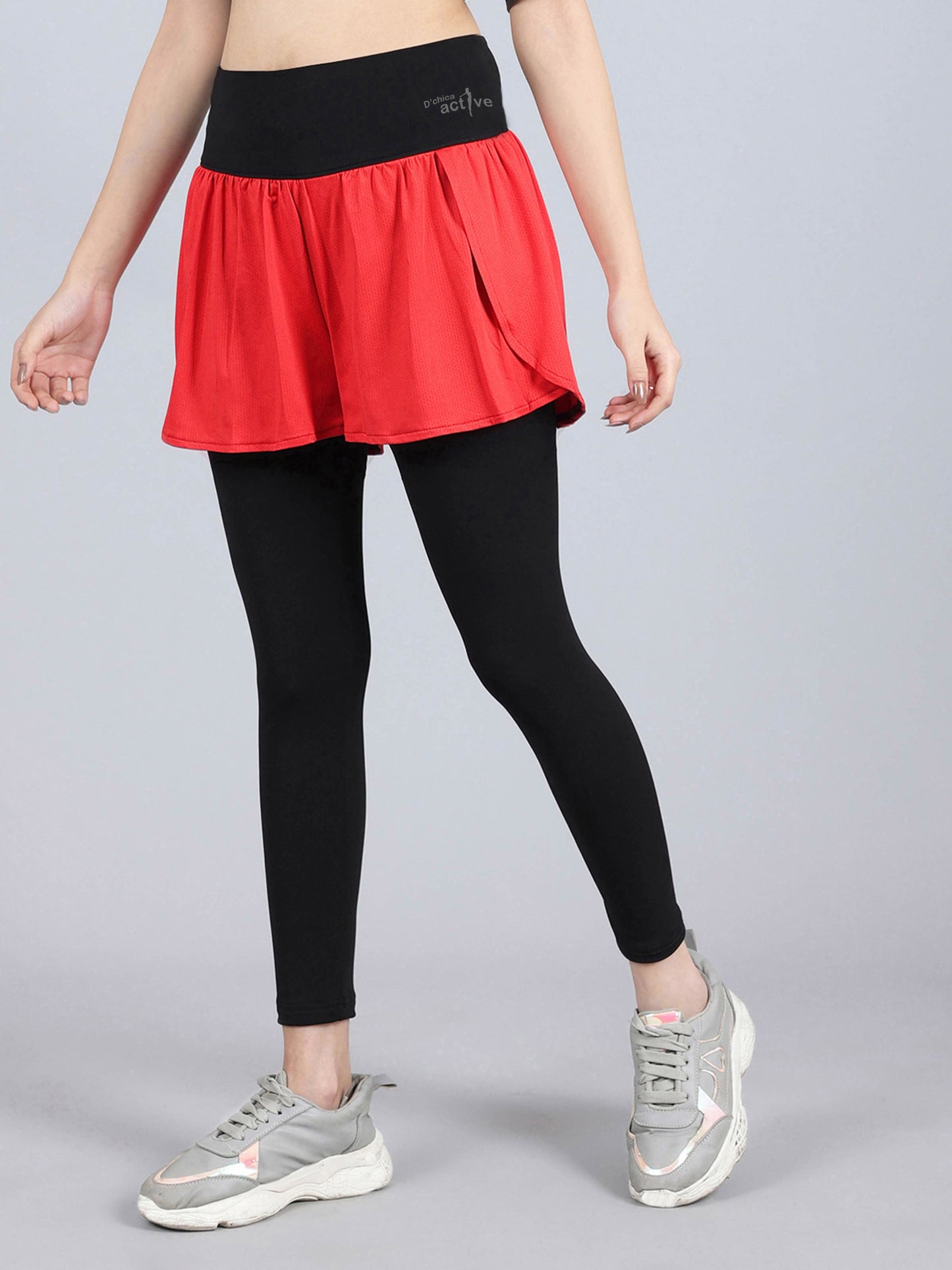 Overlapping Shorts with Red Leggings and Side Pocket