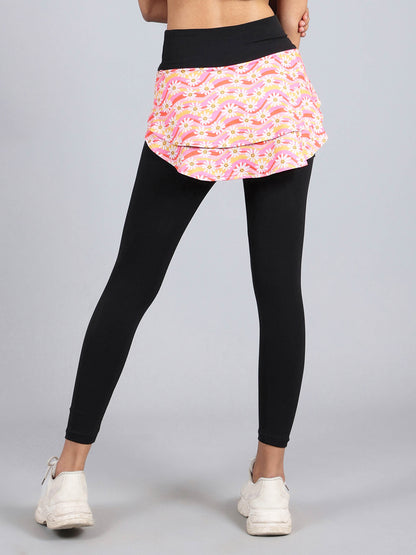 Overlapping Skirt With Leggings With Side Pocket | Flower Print Activewear Set of 1 - D'chica