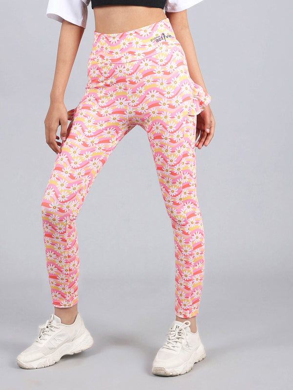 "Ruffled Leggings With Side Pocket | Flower Print Activewear Set of 1  " - D'chica