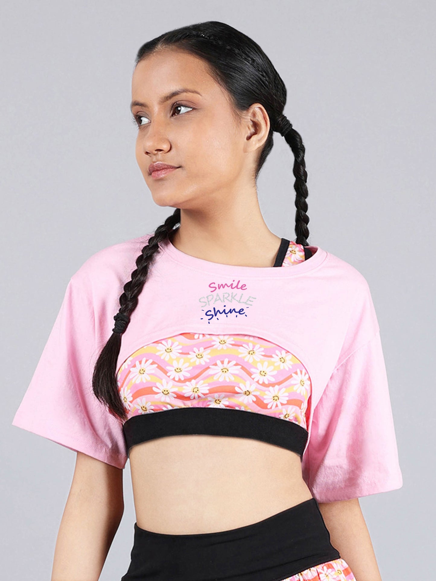 D’chica Stylish Bust Cut Active Wear Short Sleeve Stylish Cropped Exercise Top for Yoga - D'chica